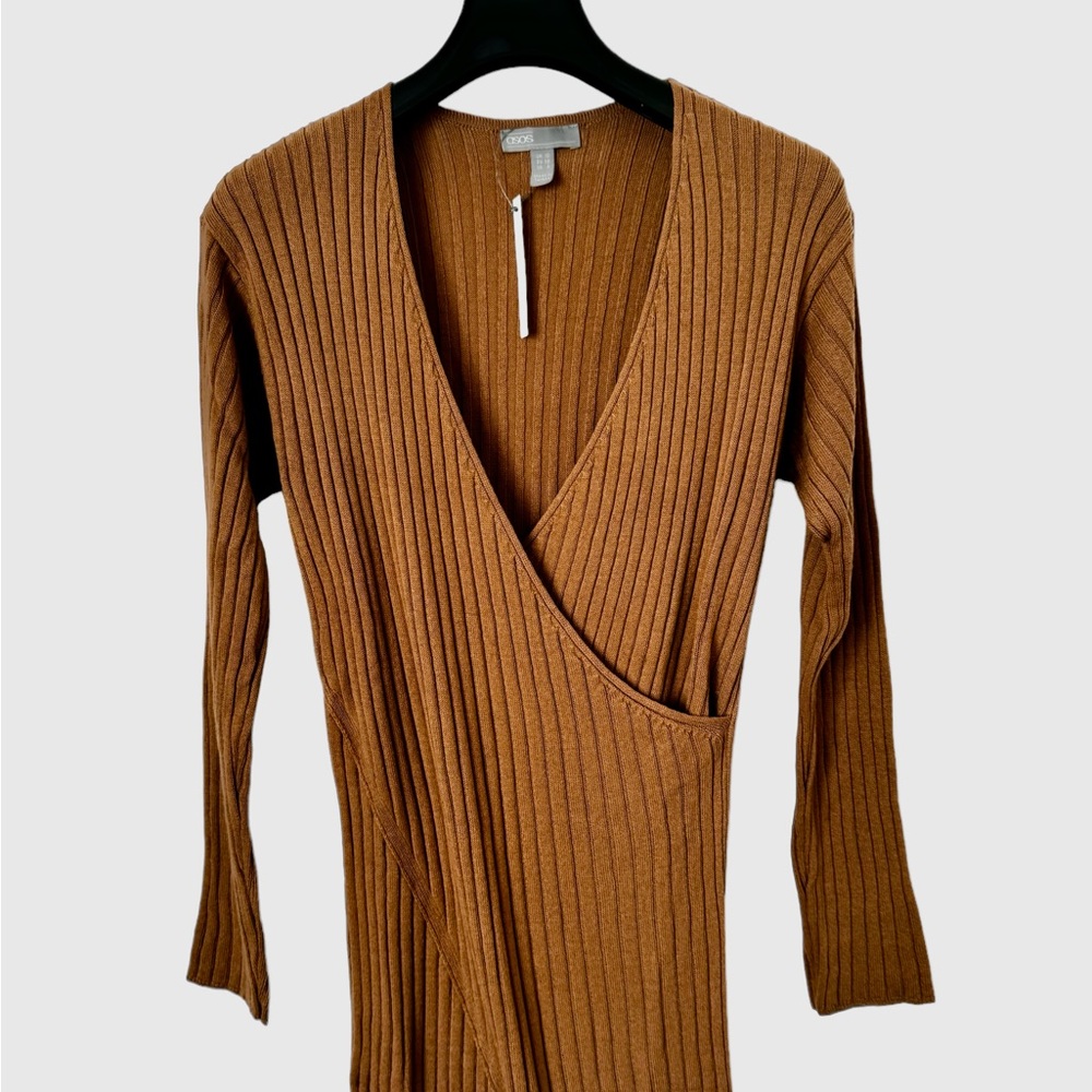 Asos Womens Brown Knit V-Neck Sweater Midi Dress - Size 6 - New